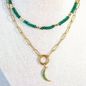 BUNDLE Gorgeous Green Beaded Necklace & Moon Pendant Waterproof Non-tarnish Gold